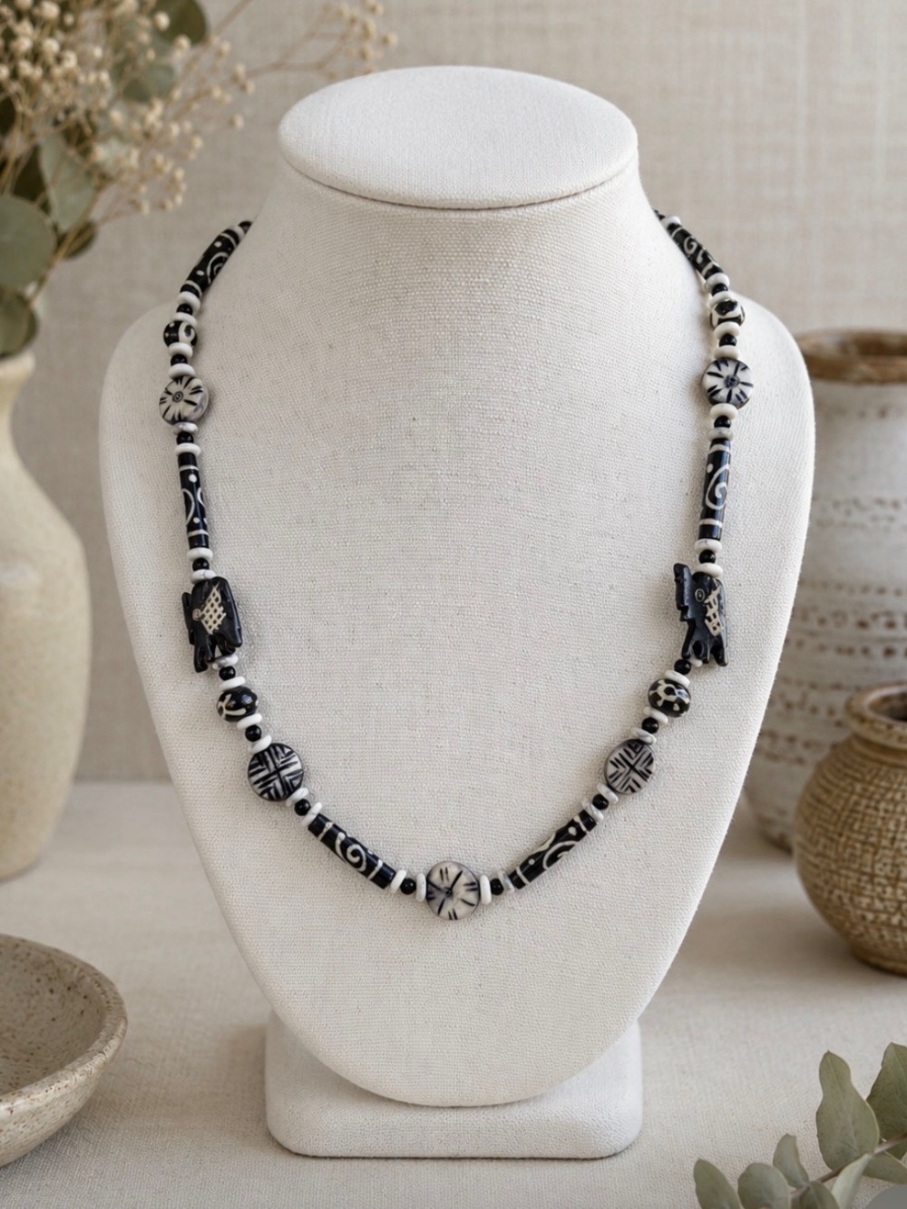 Artisan Tribal necklace, black/white bone beads accented by ebony and hematite